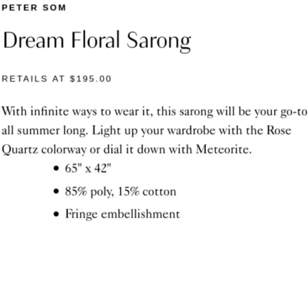PETER SOM  Dream Floral Sarong NWT